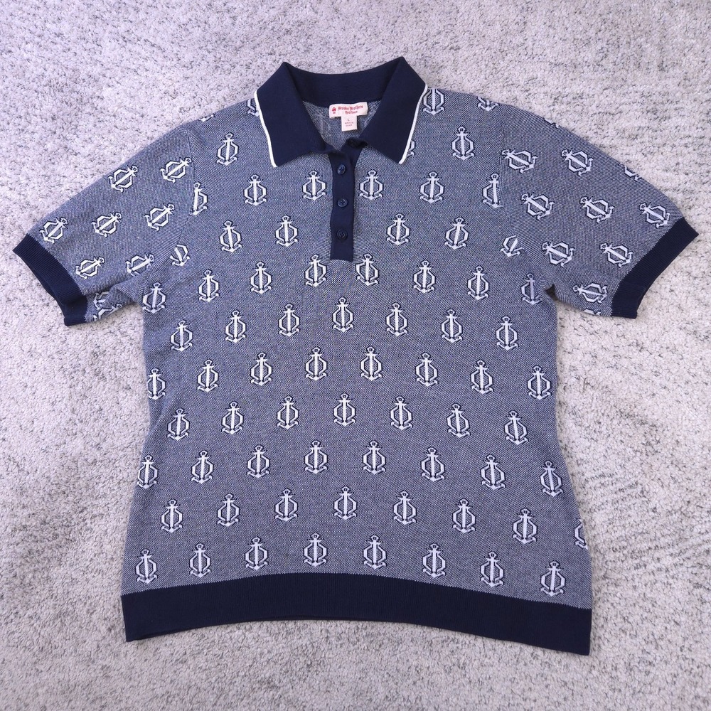 Brooks Brothers Red Fleece Polo Shirt Womens Large Blue Nautical Anchor Knit Top